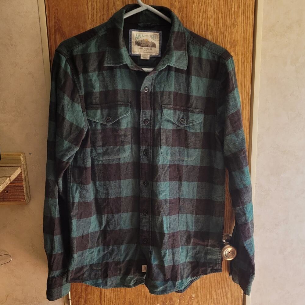American Eagle Mens XS Green Black Plaid Flannel Shirt Cabin Grunge Outdoors
